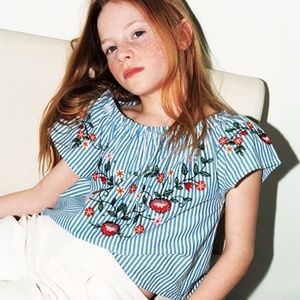 Zara girls striped off shoulder embroidered blouse